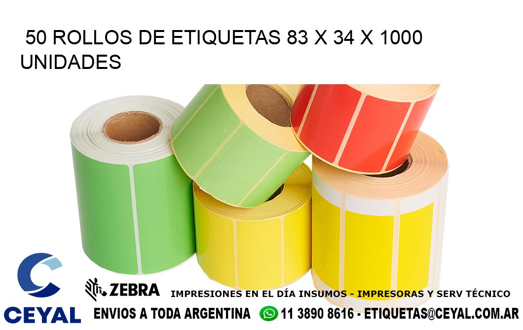 50 ROLLOS DE ETIQUETAS 83 x 34 X 1000 UNIDADES