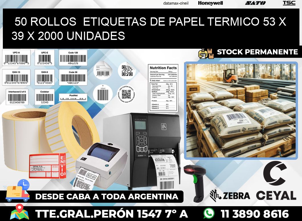 50 ROLLOS  ETIQUETAS DE PAPEL TERMICO 53 x 39 X 2000 UNIDADES