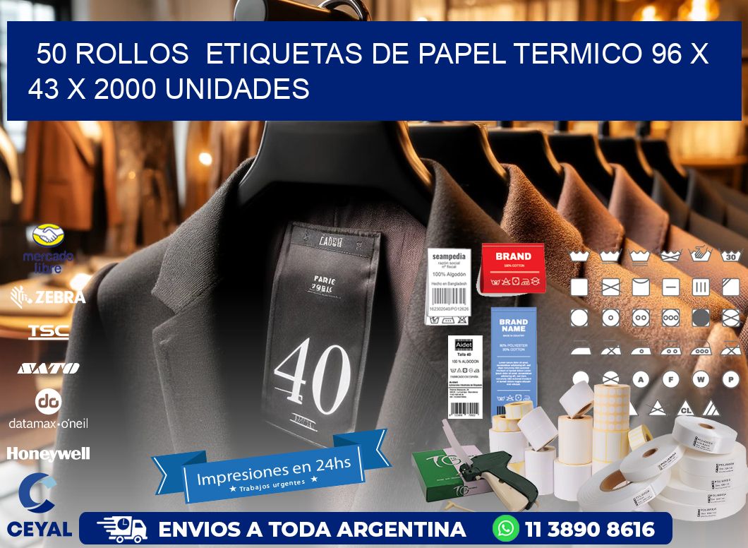 50 ROLLOS  ETIQUETAS DE PAPEL TERMICO 96 x 43 X 2000 UNIDADES