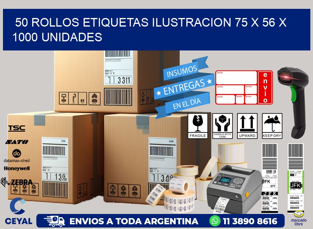 50 ROLLOS ETIQUETAS ILUSTRACION 75 x 56 X 1000 UNIDADES