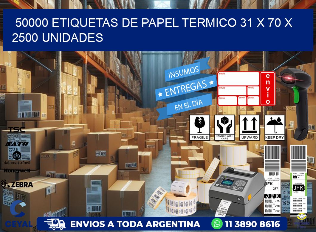 50000 ETIQUETAS DE PAPEL TERMICO 31 x 70 X 2500 UNIDADES