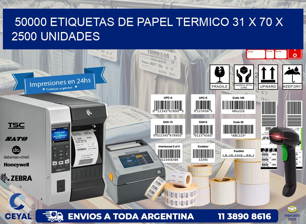 50000 ETIQUETAS DE PAPEL TERMICO 31 x 70 X 2500 UNIDADES