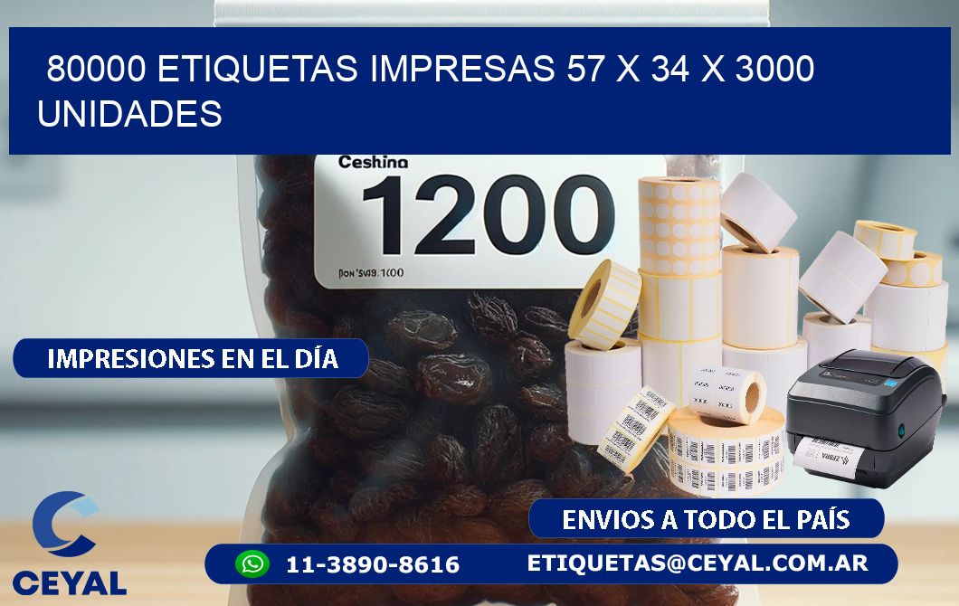 80000 ETIQUETAS IMPRESAS 57 x 34 X 3000 UNIDADES