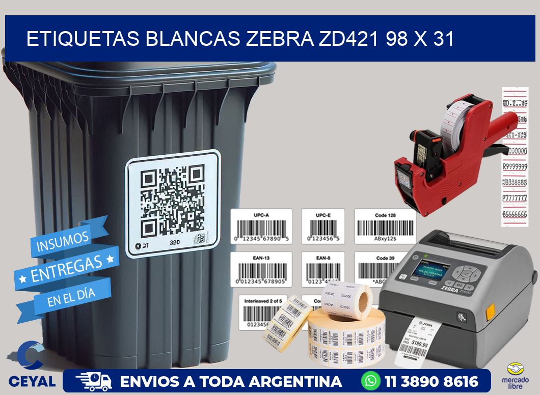 ETIQUETAS BLANCAS ZEBRA ZD421 98 x 31