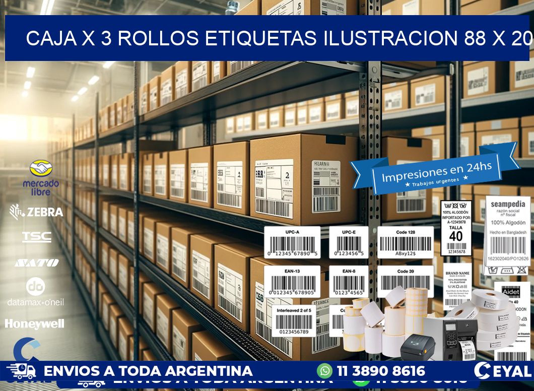 Caja X 3 Rollos Etiquetas Ilustracion 88 x 20