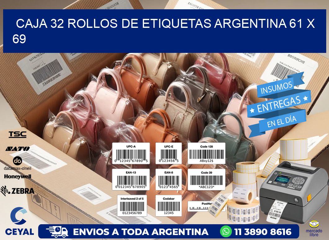 CAJA 32 ROLLOS DE ETIQUETAS ARGENTINA 61 x 69