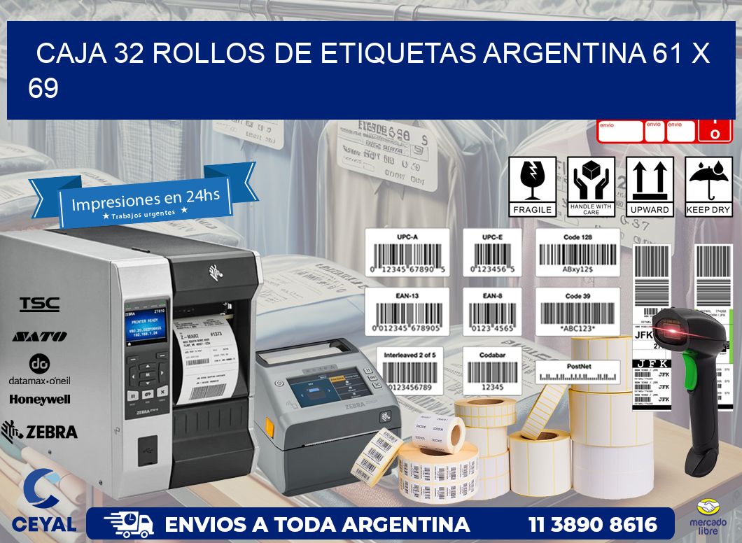 CAJA 32 ROLLOS DE ETIQUETAS ARGENTINA 61 x 69