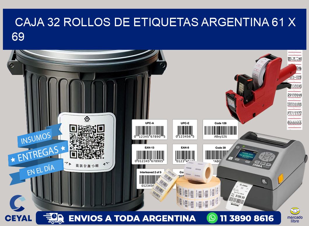 CAJA 32 ROLLOS DE ETIQUETAS ARGENTINA 61 x 69