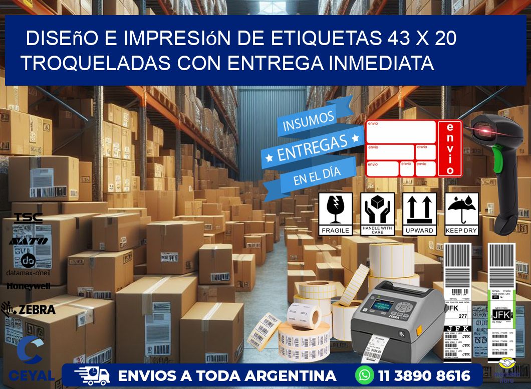 Diseño e impresión de etiquetas 43 x 20 troqueladas con entrega inmediata