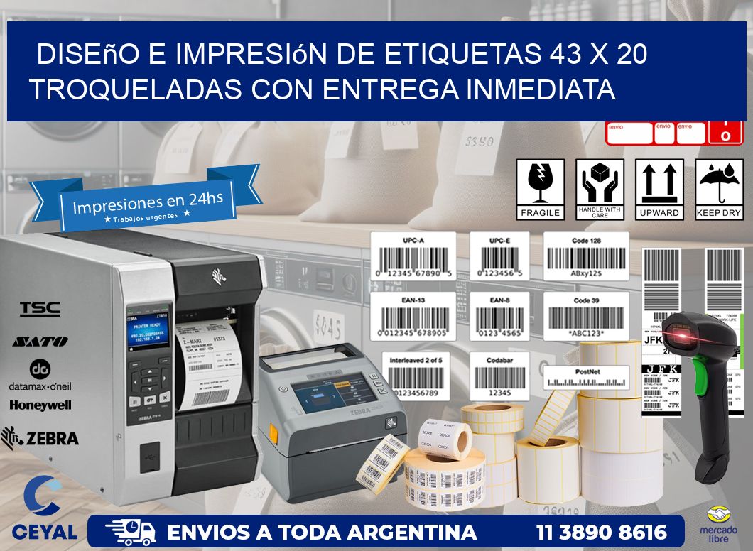 Diseño e impresión de etiquetas 43 x 20 troqueladas con entrega inmediata