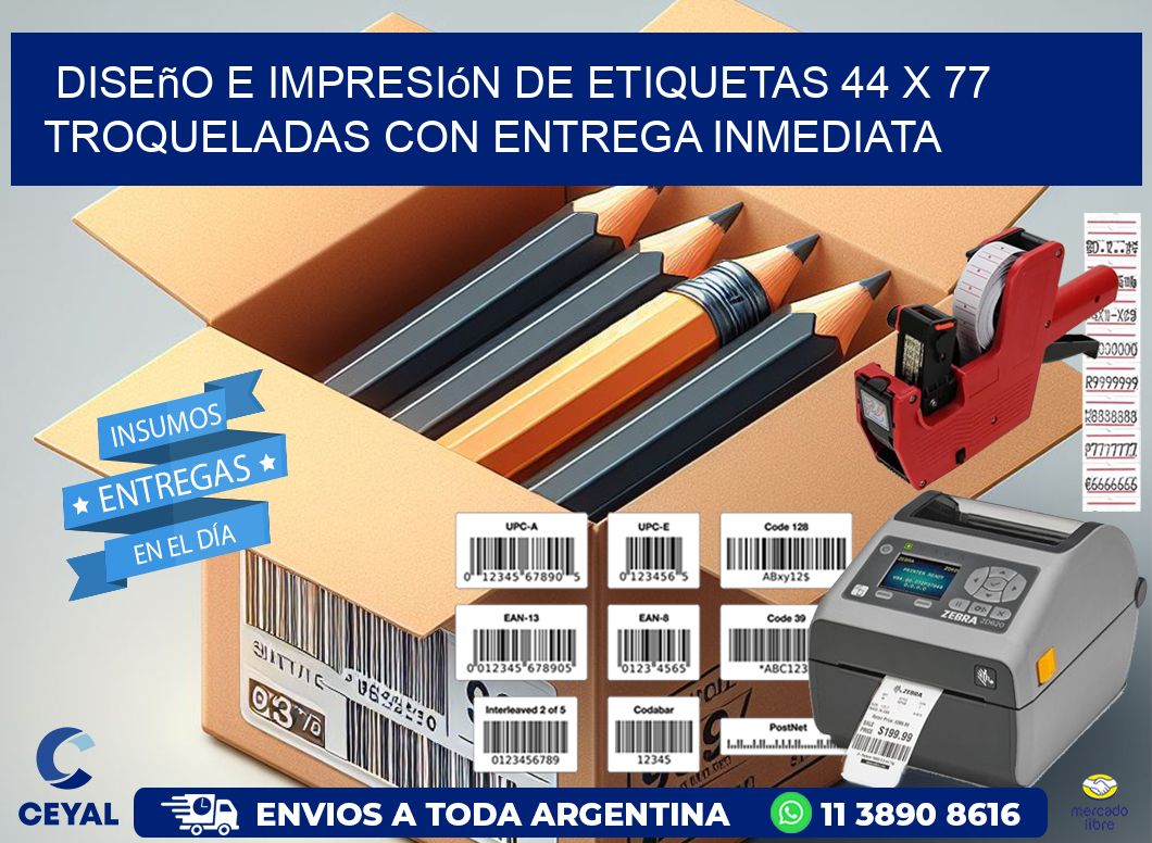 Diseño e impresión de etiquetas 44 x 77 troqueladas con entrega inmediata