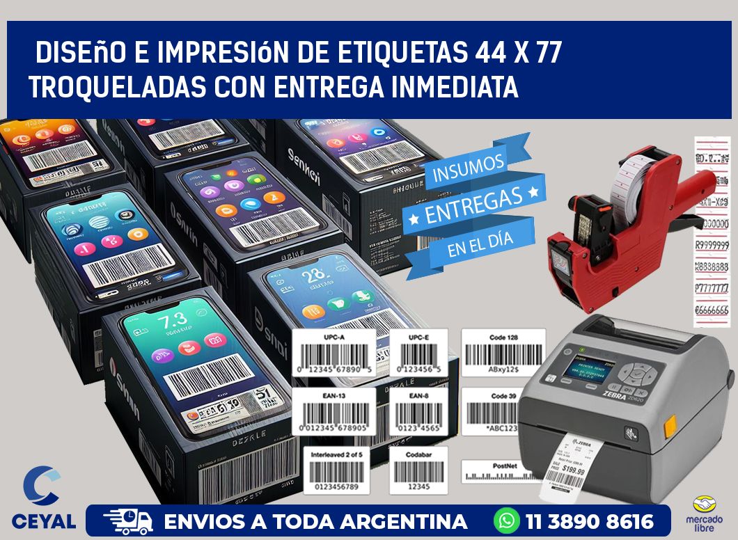 Diseño e impresión de etiquetas 44 x 77 troqueladas con entrega inmediata