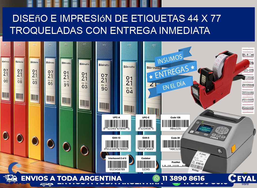 Diseño e impresión de etiquetas 44 x 77 troqueladas con entrega inmediata