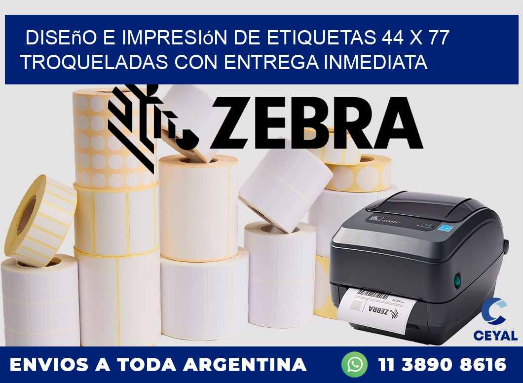 Diseño e impresión de etiquetas 44 x 77 troqueladas con entrega inmediata