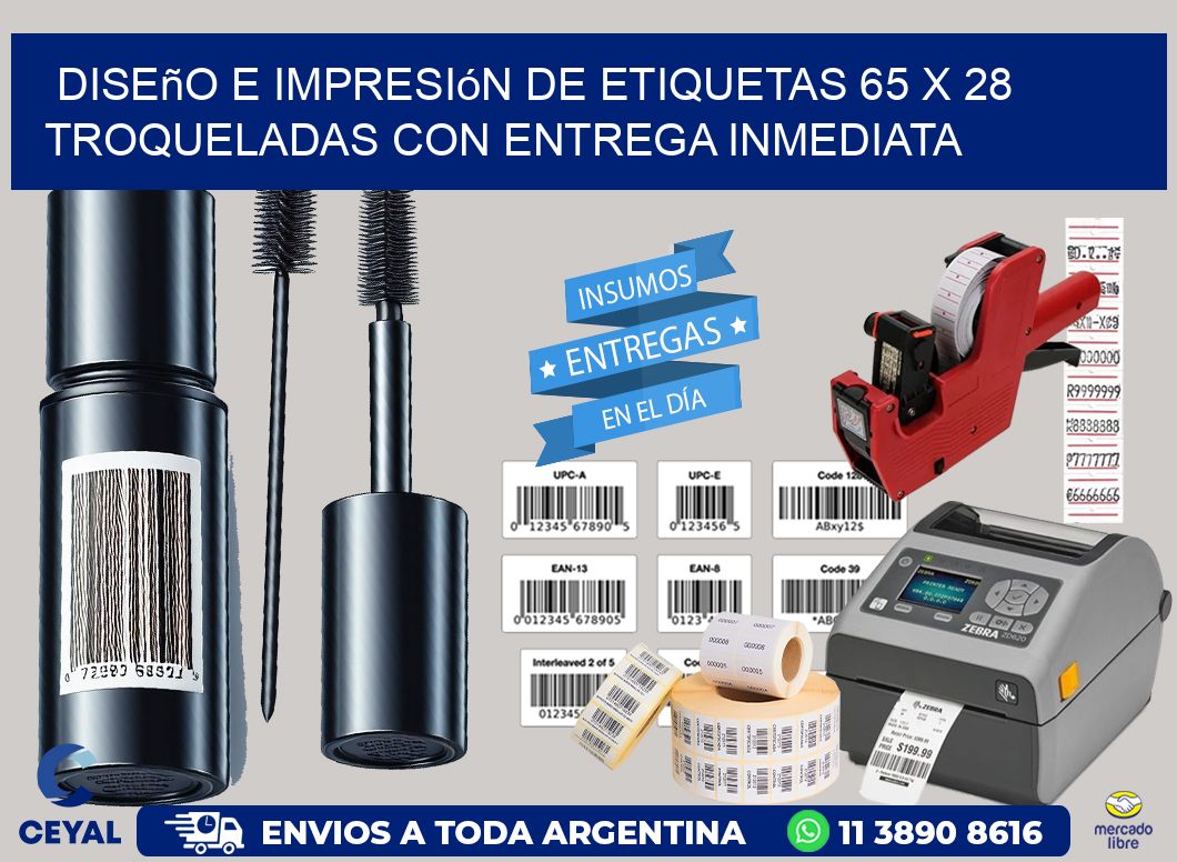 Diseño e impresión de etiquetas 65 x 28 troqueladas con entrega inmediata