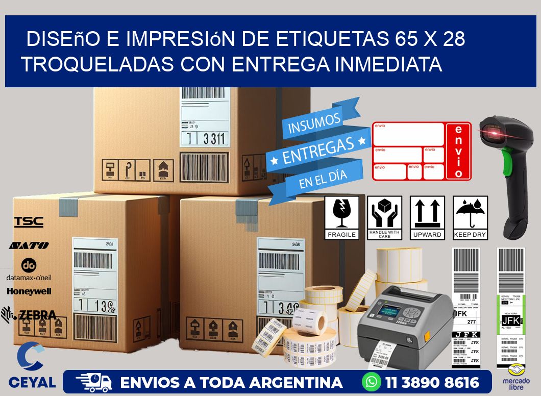 Diseño e impresión de etiquetas 65 x 28 troqueladas con entrega inmediata