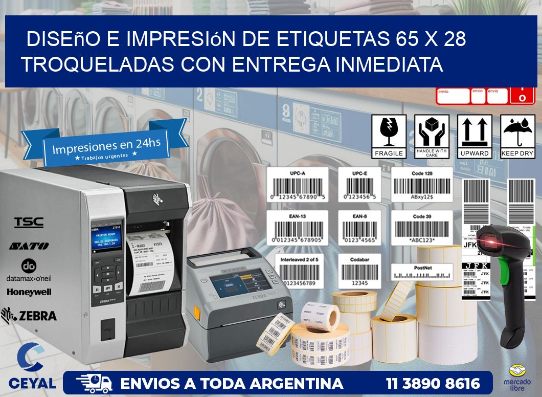 Diseño e impresión de etiquetas 65 x 28 troqueladas con entrega inmediata