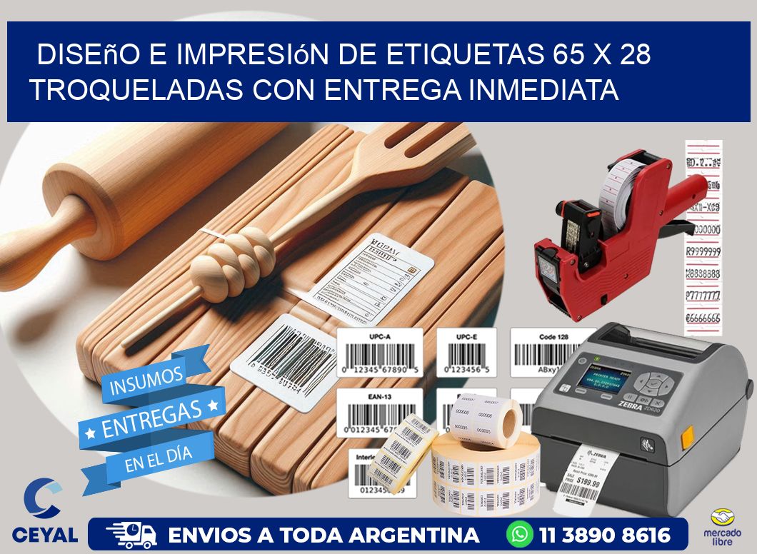 Diseño e impresión de etiquetas 65 x 28 troqueladas con entrega inmediata