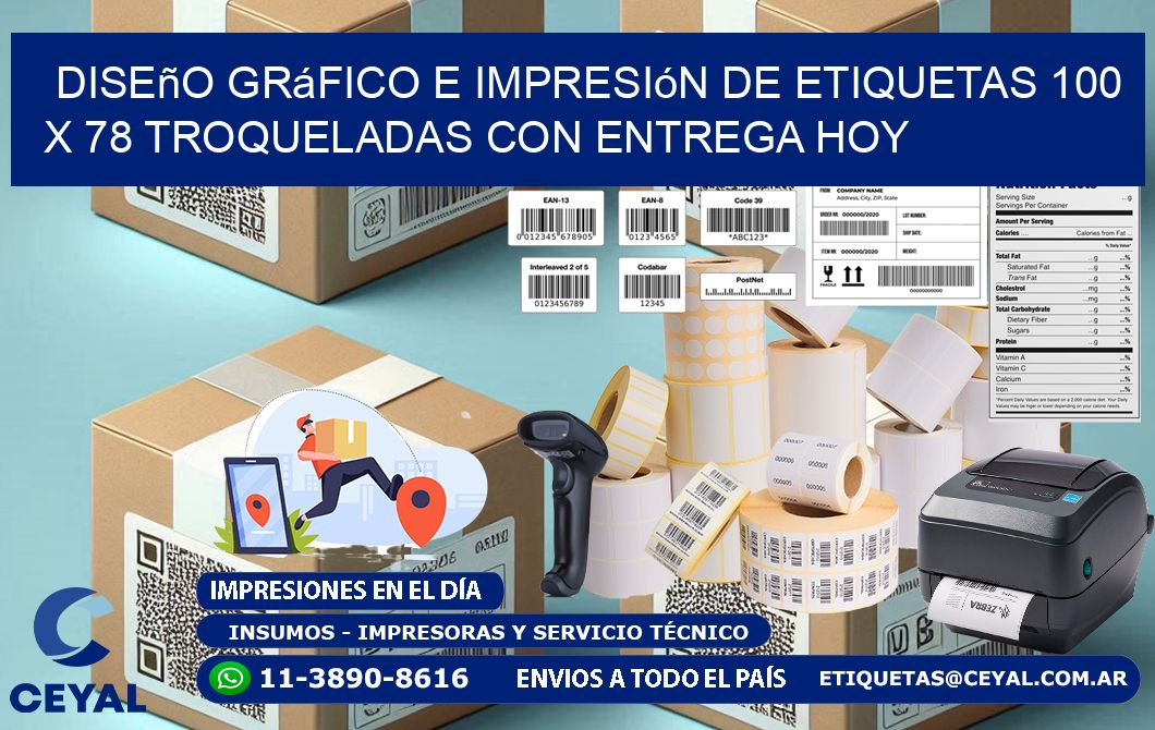 Diseño gráfico e impresión de etiquetas 100 x 78 troqueladas con entrega hoy
