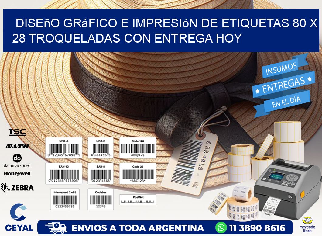 Diseño gráfico e impresión de etiquetas 80 x 28 troqueladas con entrega hoy