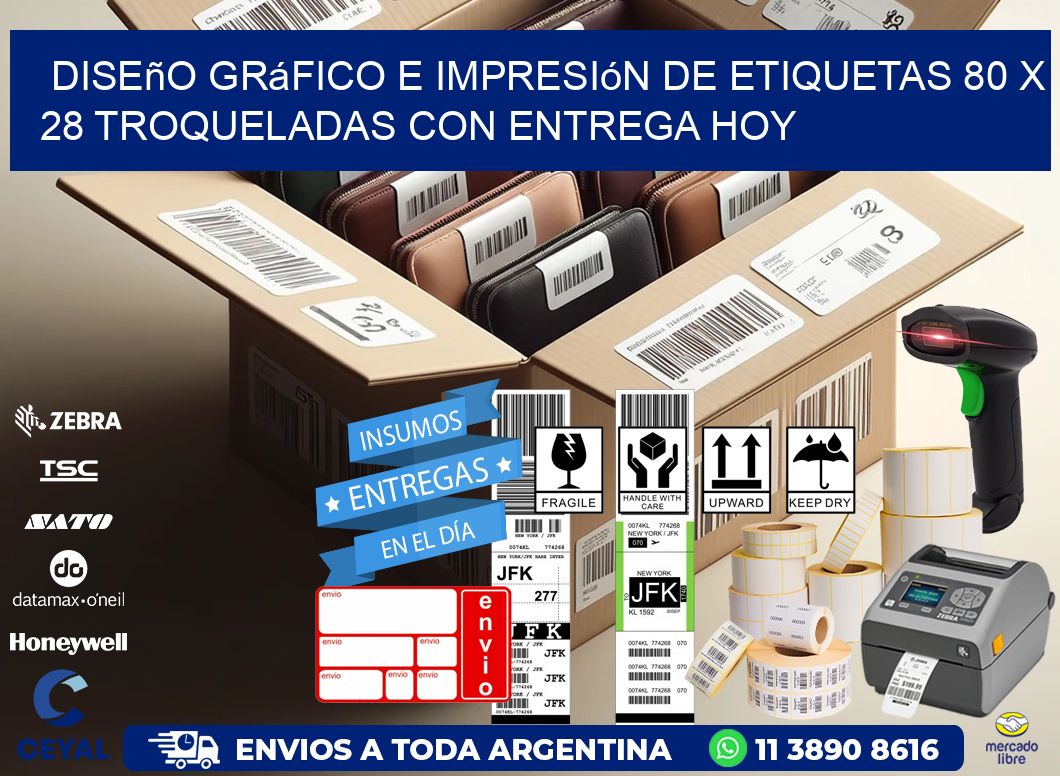 Diseño gráfico e impresión de etiquetas 80 x 28 troqueladas con entrega hoy