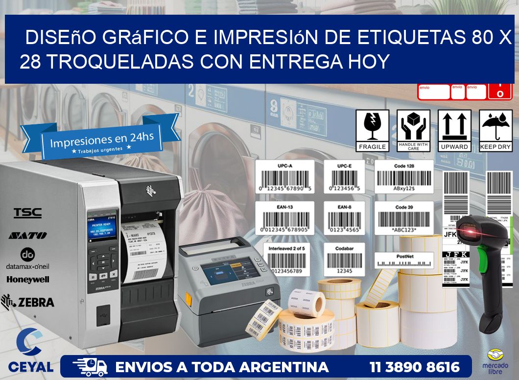 Diseño gráfico e impresión de etiquetas 80 x 28 troqueladas con entrega hoy