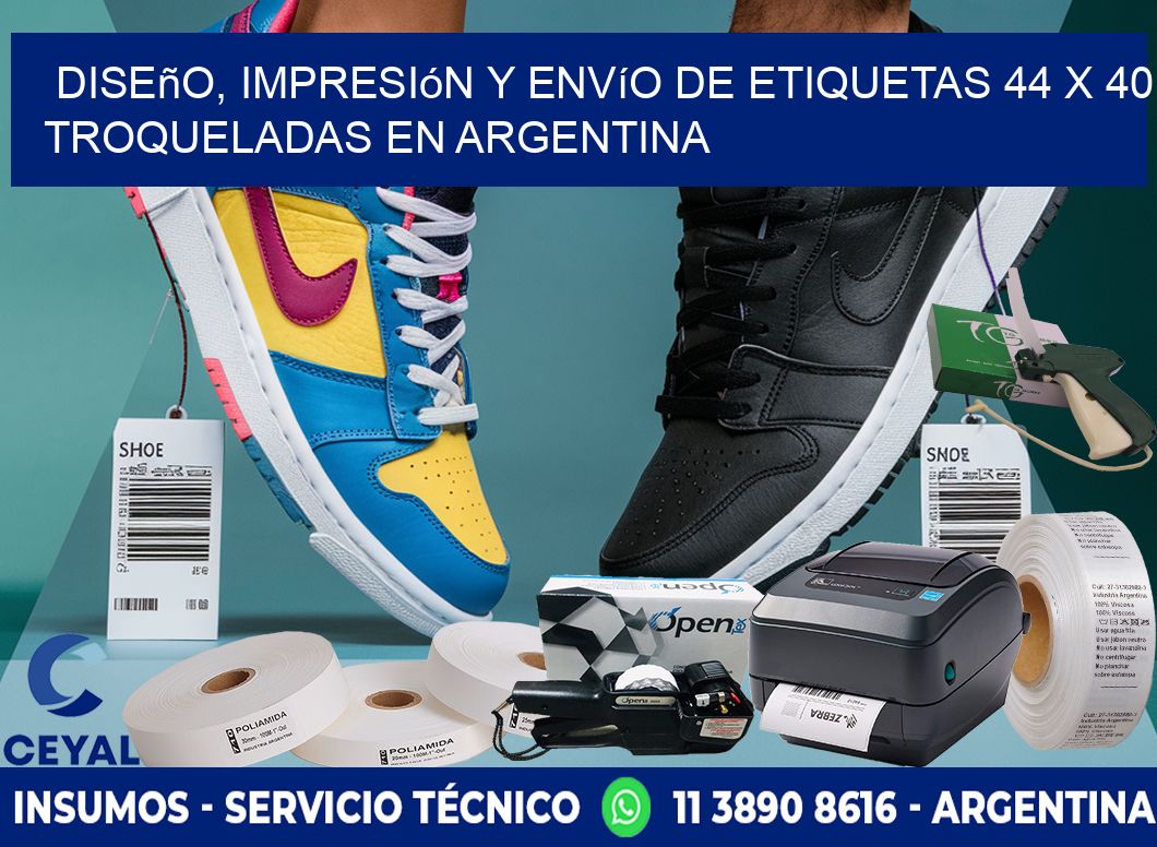 Diseño, impresión y envío de etiquetas 44 x 40 troqueladas en Argentina