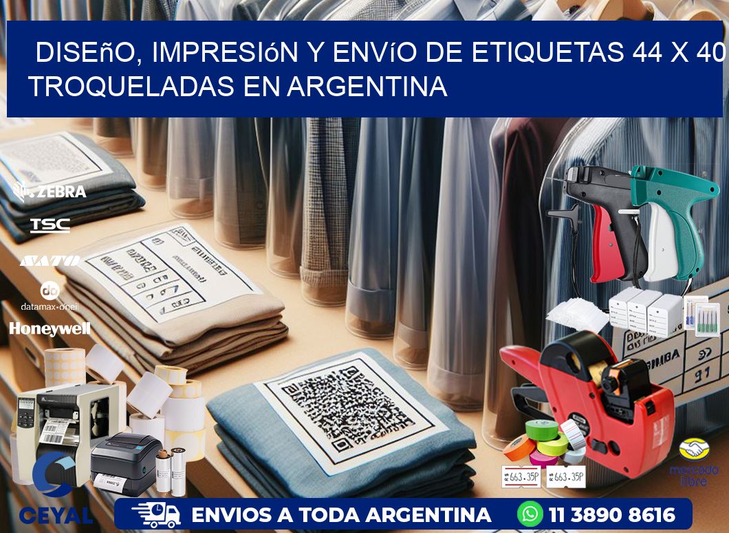 Diseño, impresión y envío de etiquetas 44 x 40 troqueladas en Argentina