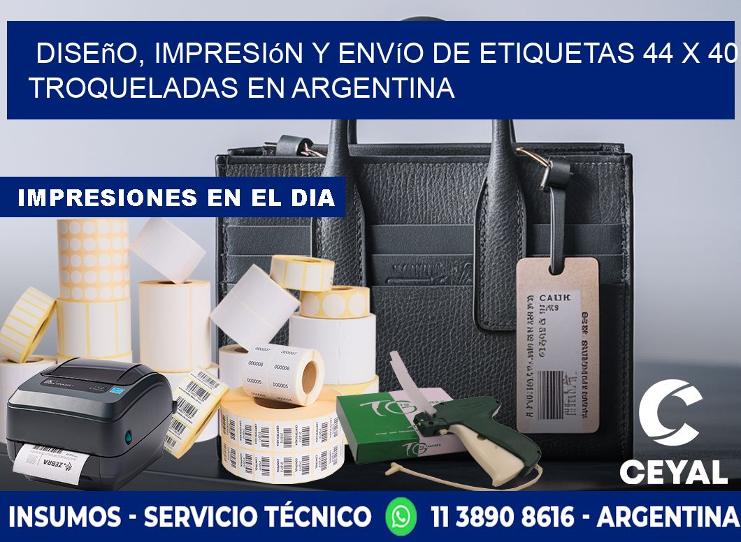 Diseño, impresión y envío de etiquetas 44 x 40 troqueladas en Argentina
