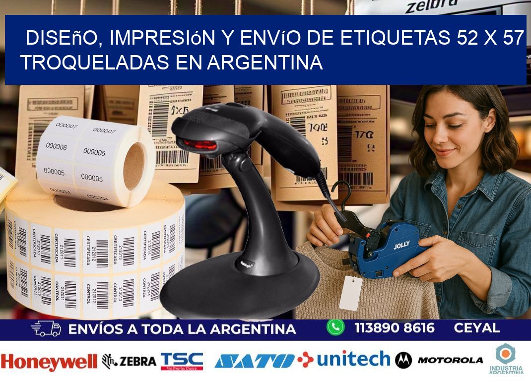 Diseño, impresión y envío de etiquetas 52 x 57 troqueladas en Argentina