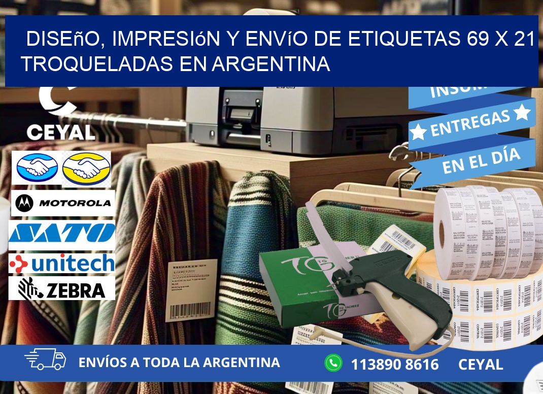 Diseño, impresión y envío de etiquetas 69 x 21 troqueladas en Argentina