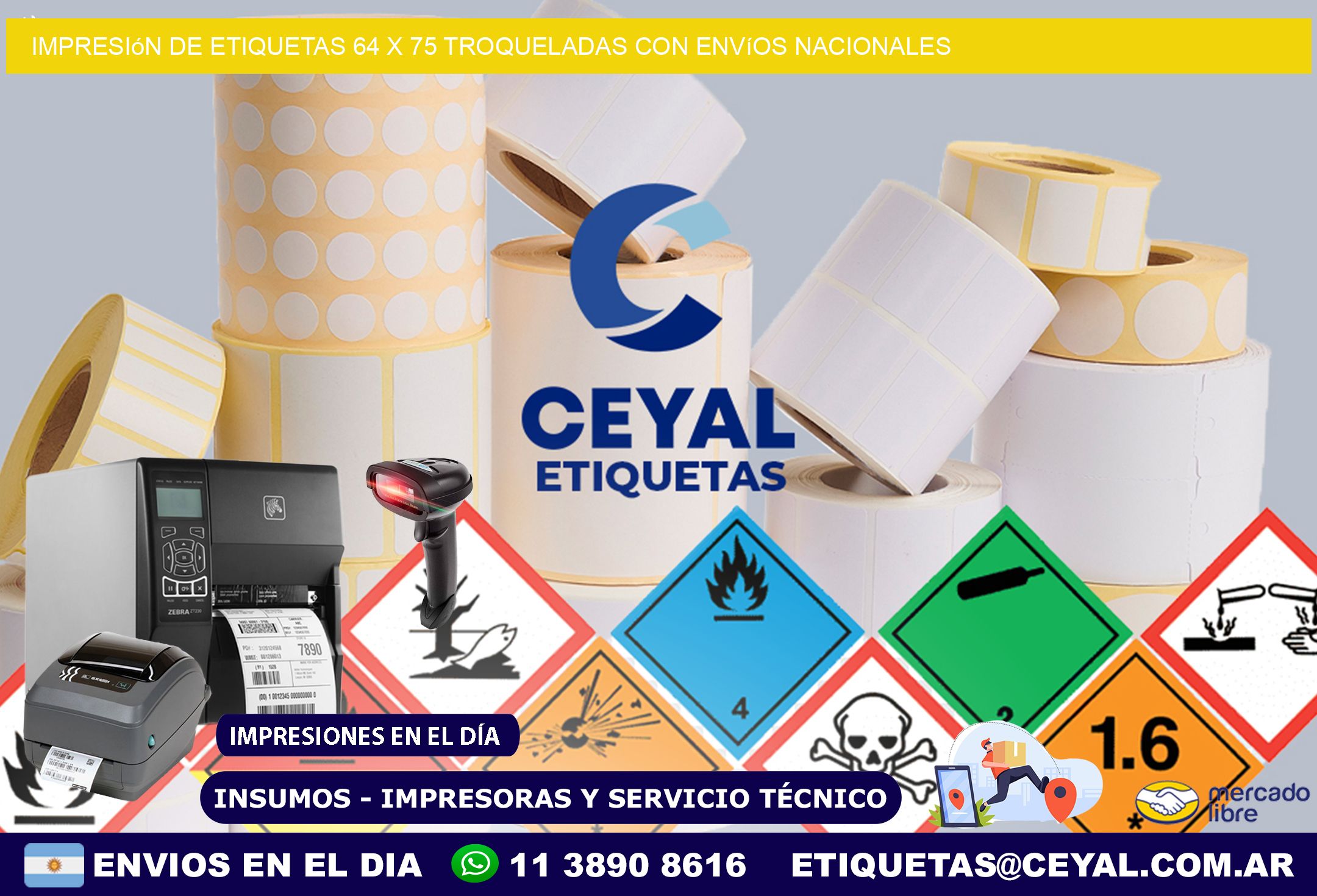 Impresión de etiquetas 64 x 75 troqueladas con envíos nacionales