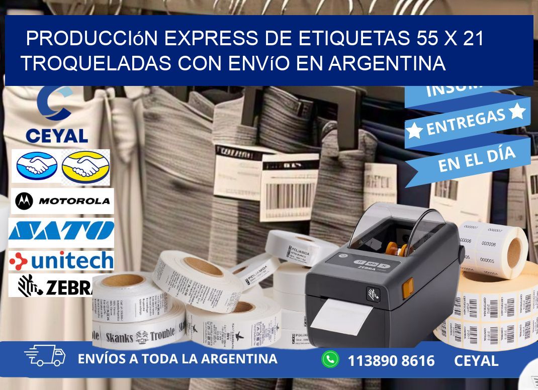 Producción express de etiquetas 55 x 21 troqueladas con envío en Argentina