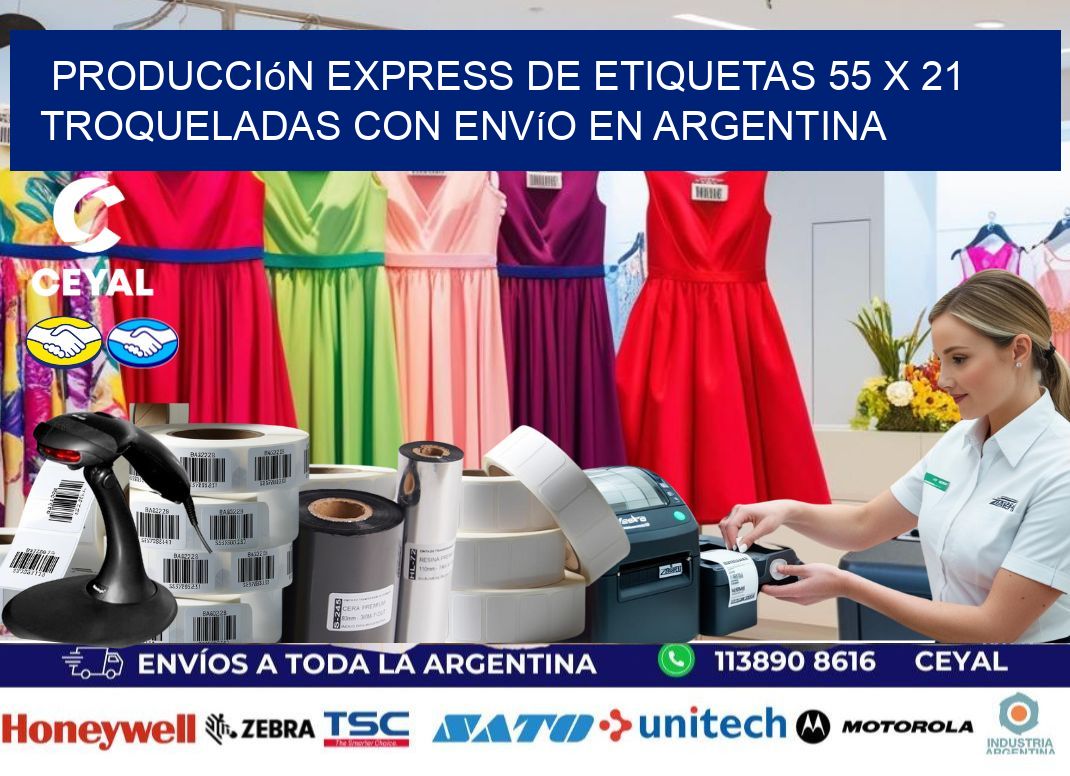 Producción express de etiquetas 55 x 21 troqueladas con envío en Argentina