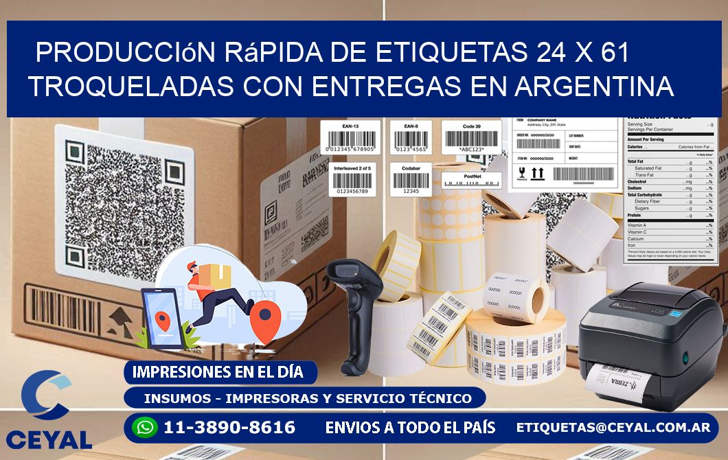Producción rápida de etiquetas 24 x 61 troqueladas con entregas en Argentina