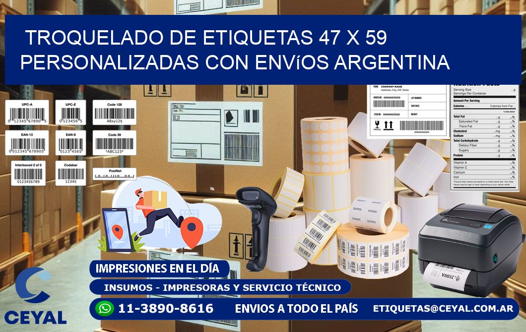Troquelado de etiquetas 47 x 59 personalizadas con envíos Argentina