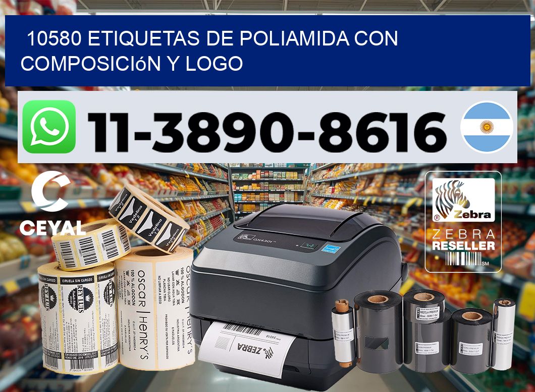 10580 Etiquetas de poliamida con composición y logo