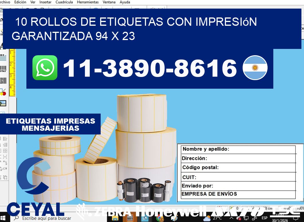 10 rollos de etiquetas con impresión garantizada 94 x 23