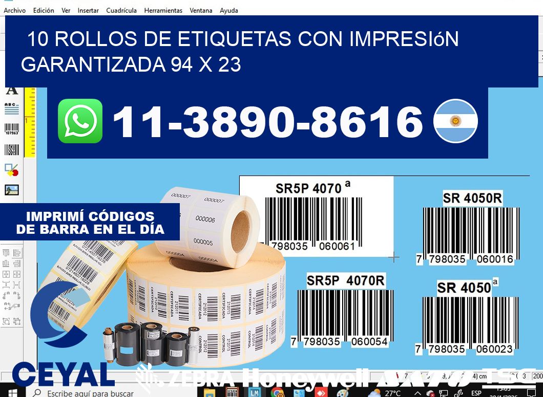 10 rollos de etiquetas con impresión garantizada 94 x 23