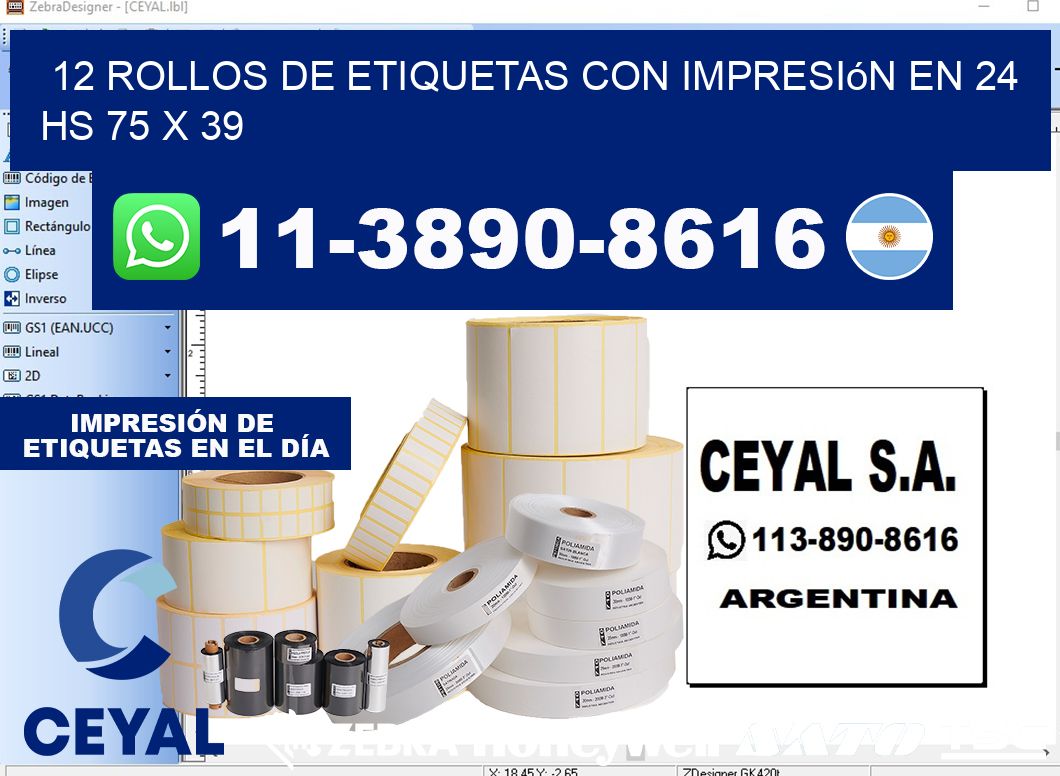 12 rollos de etiquetas con impresión en 24 hs 75 x 39