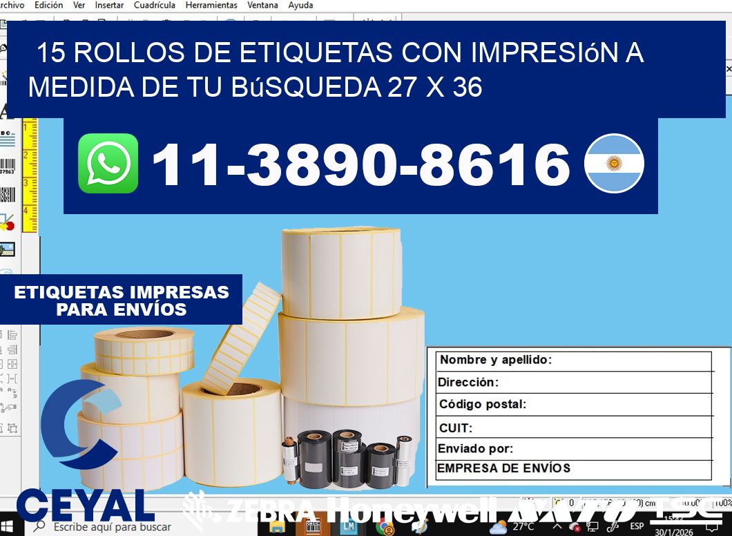 15 rollos de etiquetas con impresión a medida de tu búsqueda 27 x 36