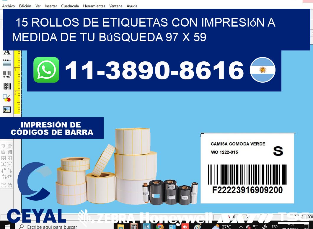 15 rollos de etiquetas con impresión a medida de tu búsqueda 97 x 59