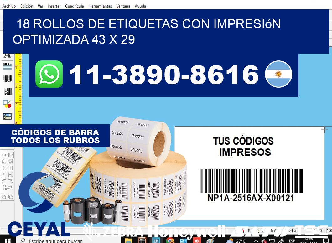 18 rollos de etiquetas con impresión optimizada 43 x 29