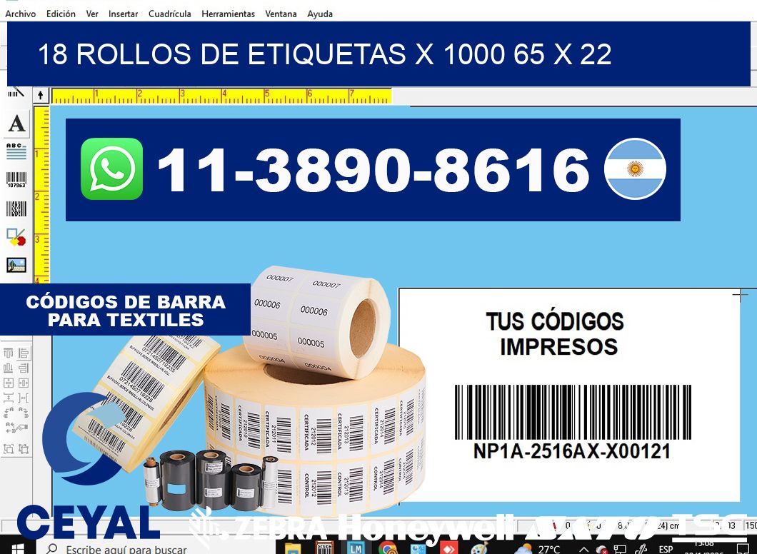 18 rollos de etiquetas x 1000 65 x 22