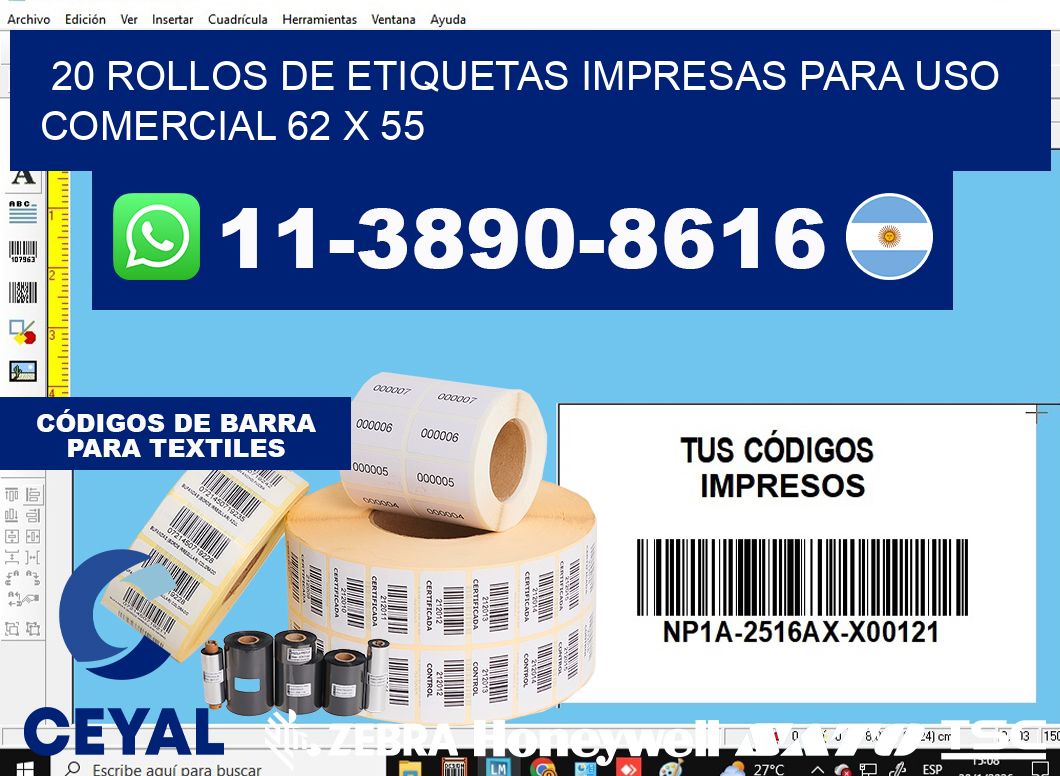 20 rollos de etiquetas impresas para uso comercial 62 x 55