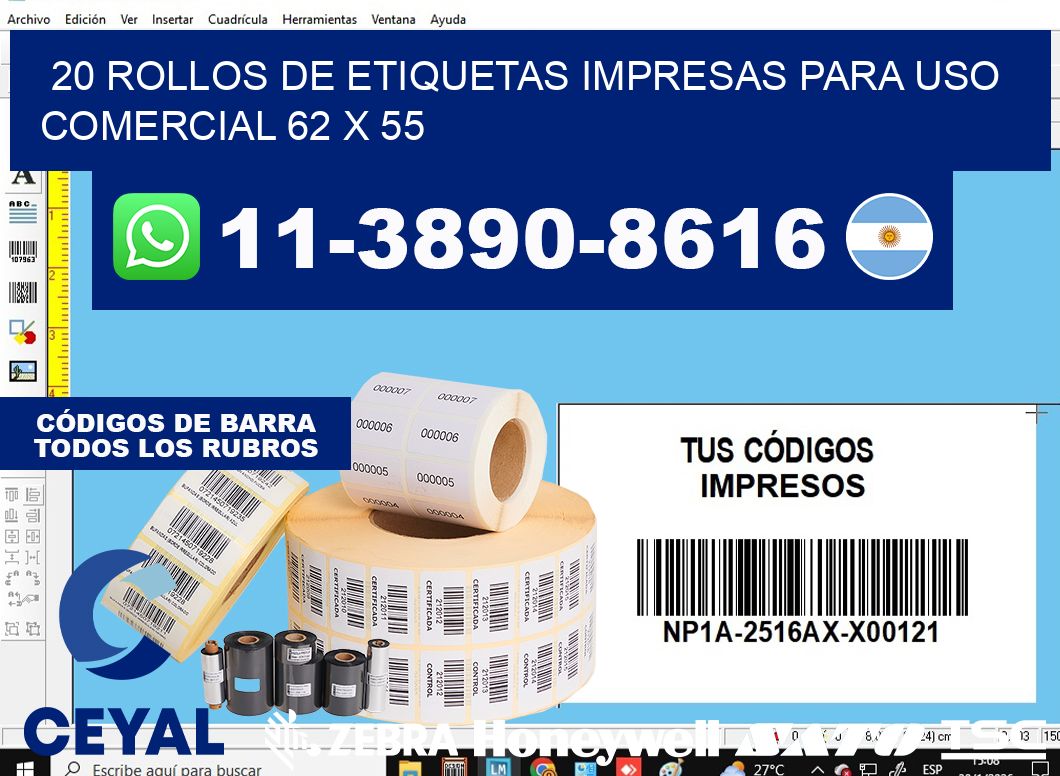 20 rollos de etiquetas impresas para uso comercial 62 x 55