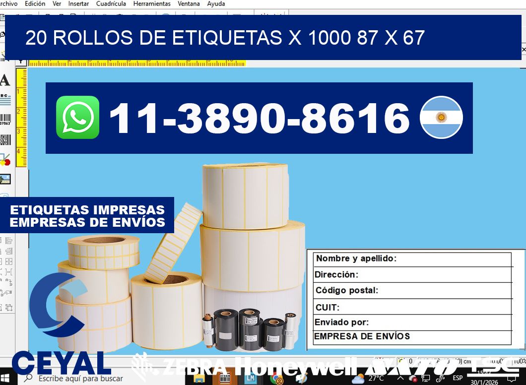 20 rollos de etiquetas x 1000 87 x 67