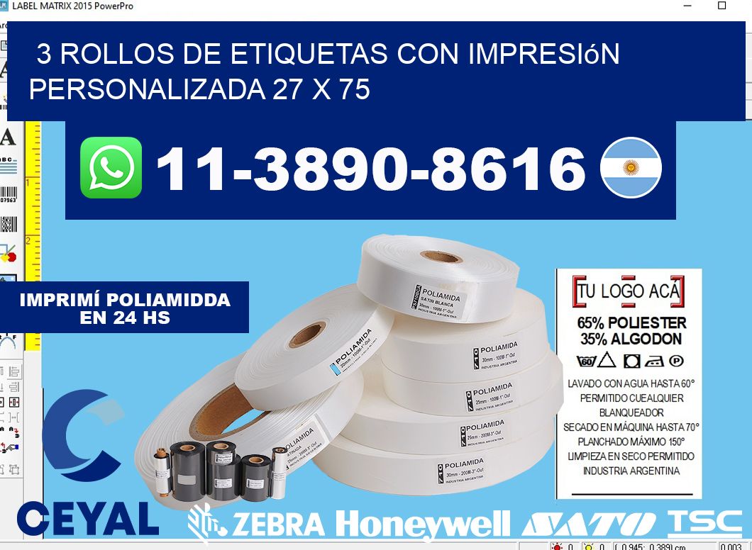 3 rollos de etiquetas con impresión personalizada 27 x 75