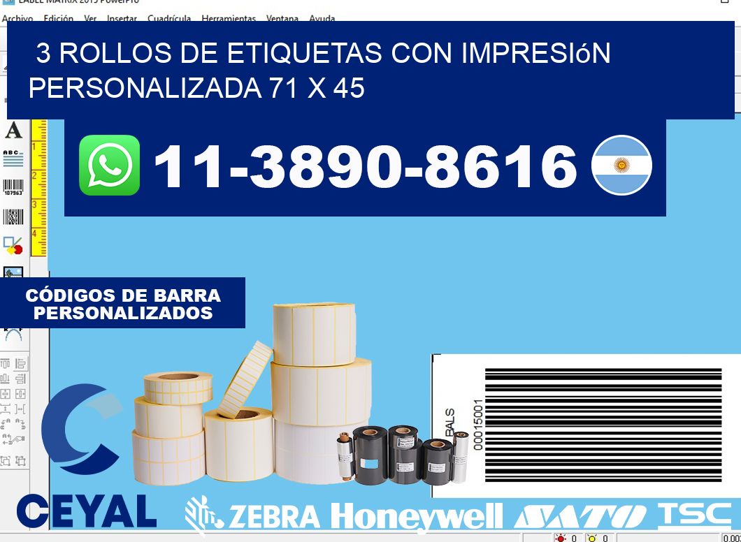 3 rollos de etiquetas con impresión personalizada 71 x 45