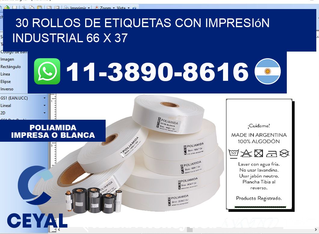 30 rollos de etiquetas con impresión industrial 66 x 37
